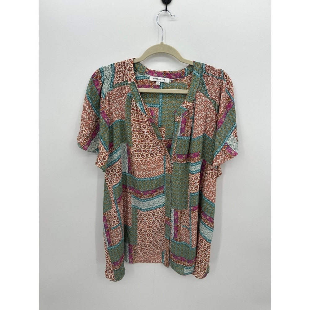 Rose + Olive Womens 3X Patchwork Floral Short Sleeve Blouse Button Front Light